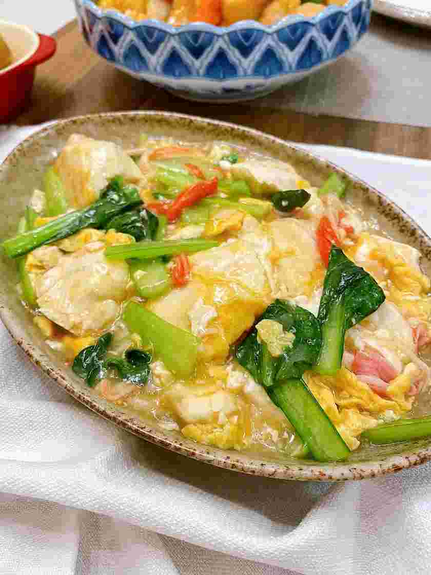 豆腐と卵の小松菜かにかまあんかけ