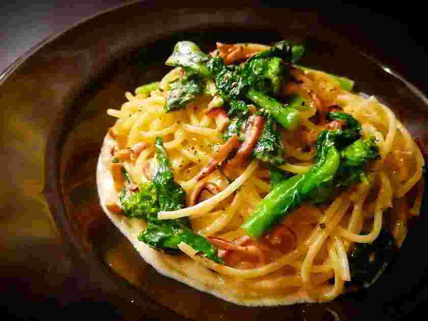 イカ塩辛と菜の花のパスタ