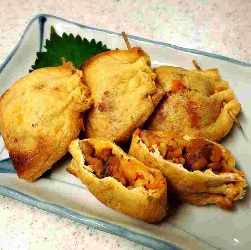 納豆キムチーズの油揚げ巾着