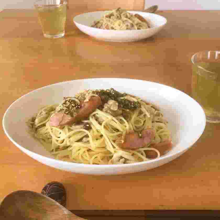 高菜とソーセージのクリームワンパンパスタ