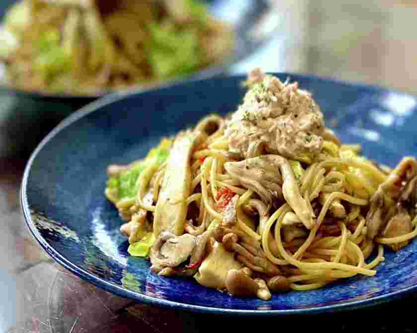 春キャベツときのこのツナマヨパスタ