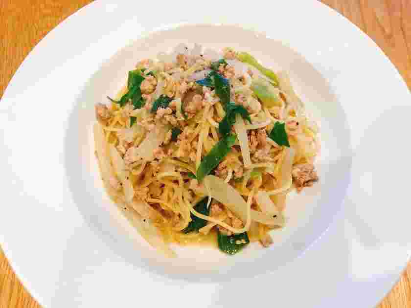 大根とひき肉のパスタ
