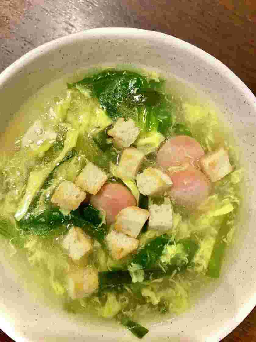 ピーマンの肉詰めに合うほうれん草とニラの中華卵とじスープ